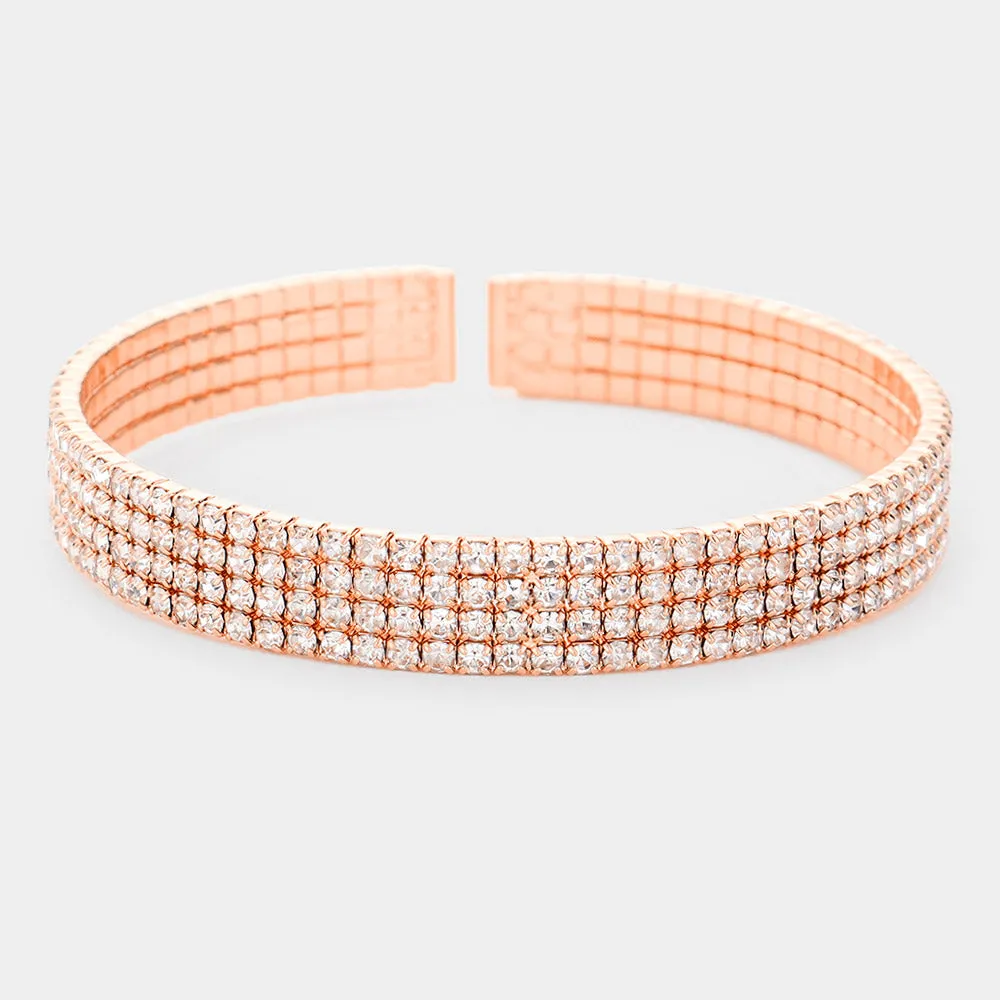 4 Row Rhinestone Cuff Bracelet on Rose Gold | Pageant Jewelry | 533538