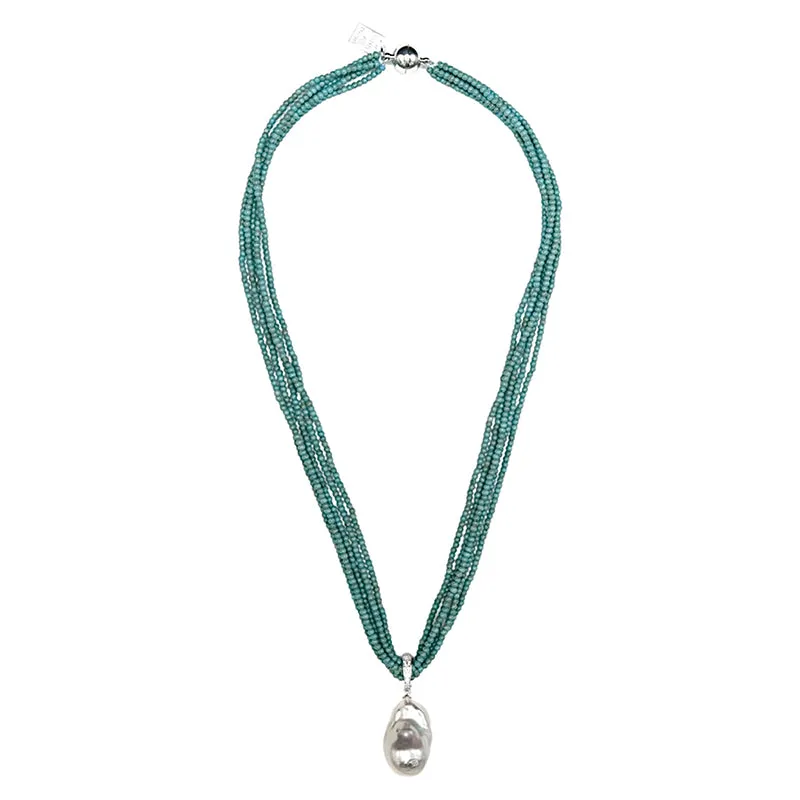 425-01-S | 5-STRAND TURQUOISE & WILD PEARL DROP ON SILVER 18"