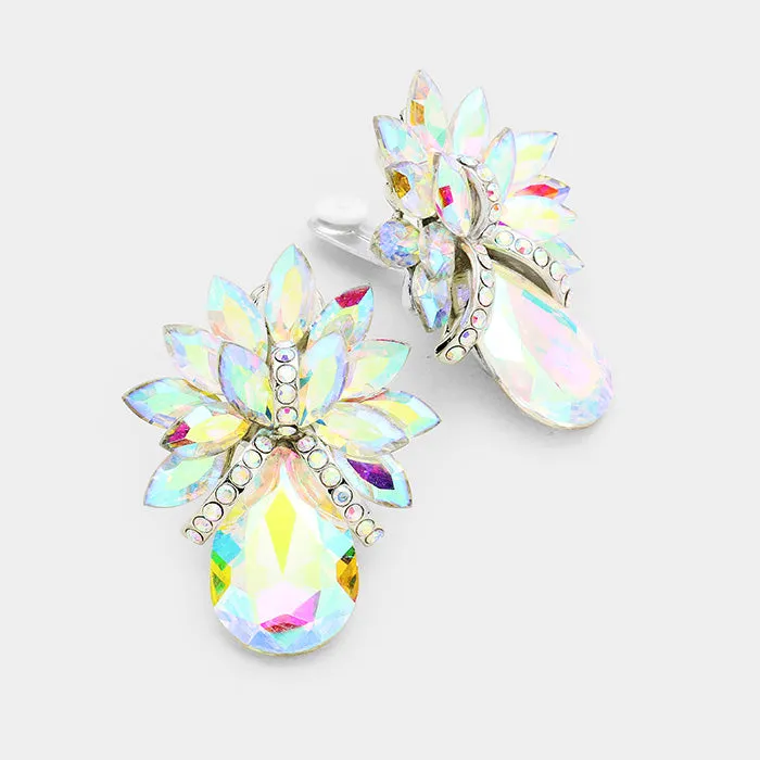 AB Crystal Petal Teardrop Clip On Pageant Earrings  | Prom Earrings | 235416