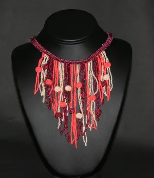 African Choker Beaded Cascade Necklace Burgundy Orange White Beads