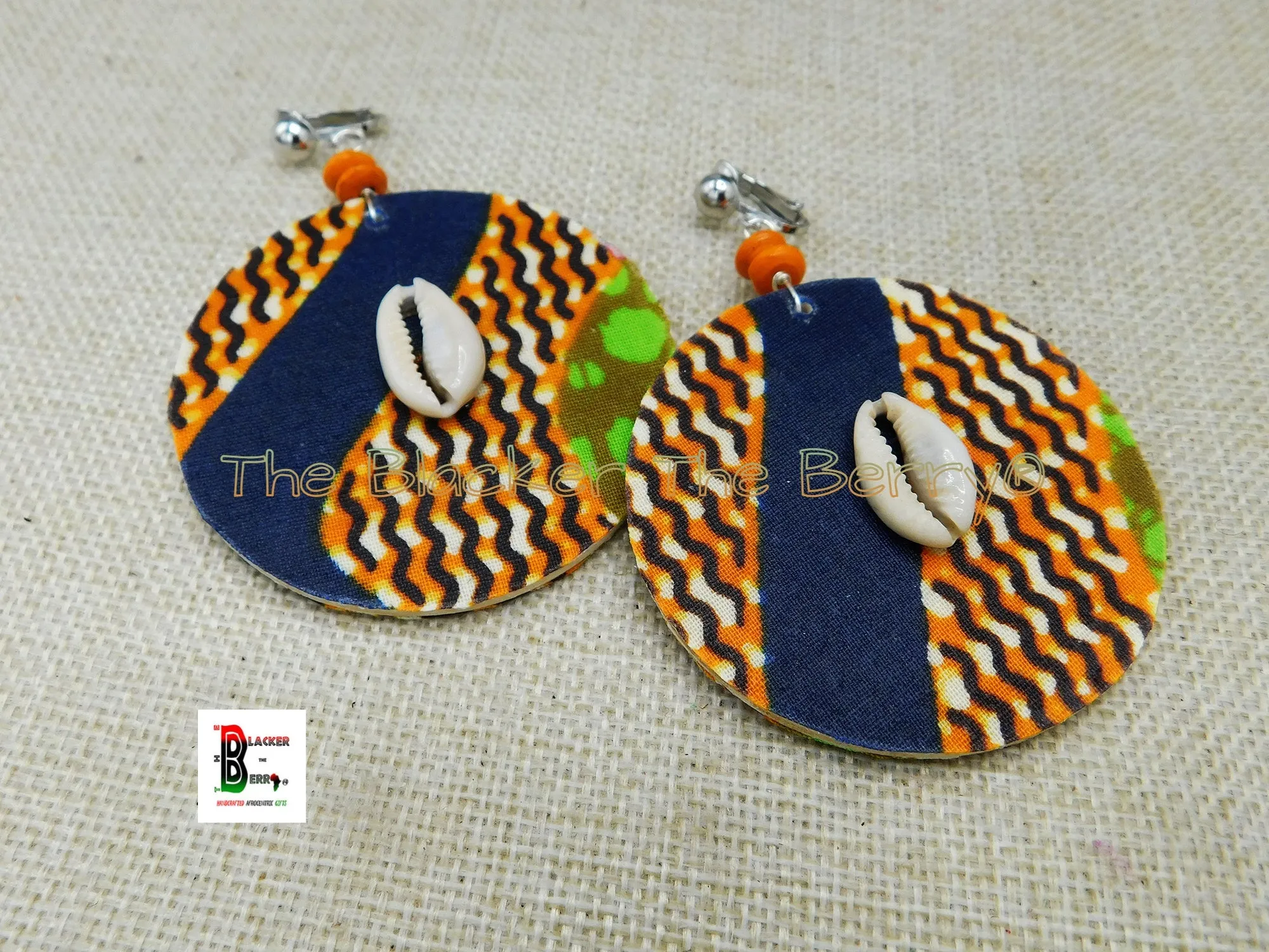 African Clip On Earrings Ankara Jewelry Orange Blue Beaded Cowrie Handmade Black Owned