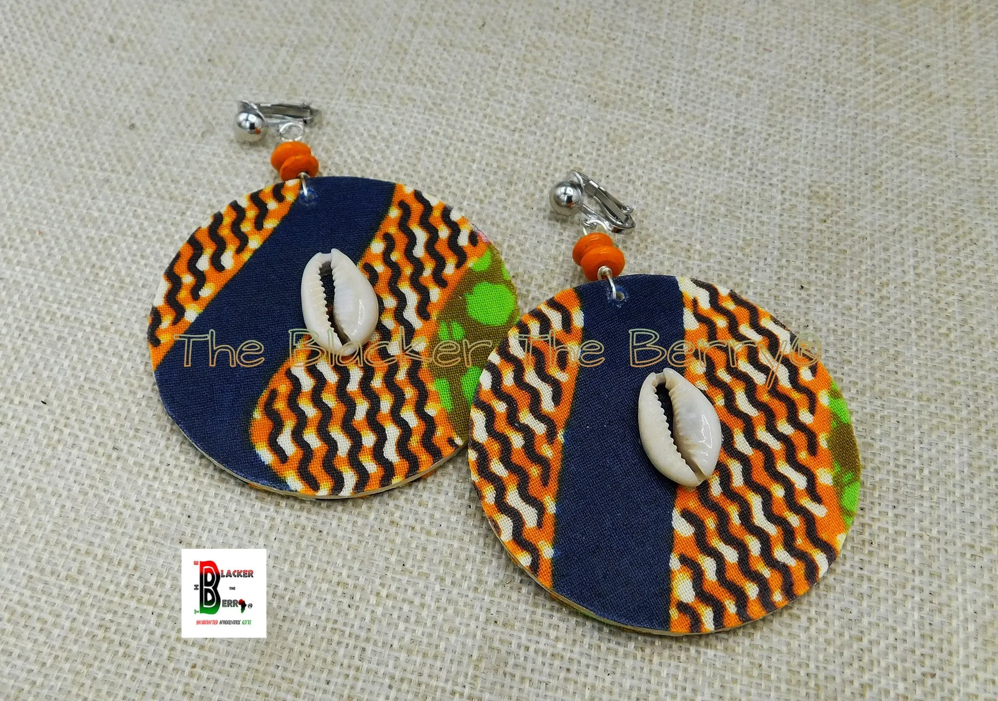 African Clip On Earrings Ankara Jewelry Orange Blue Beaded Cowrie Handmade Black Owned