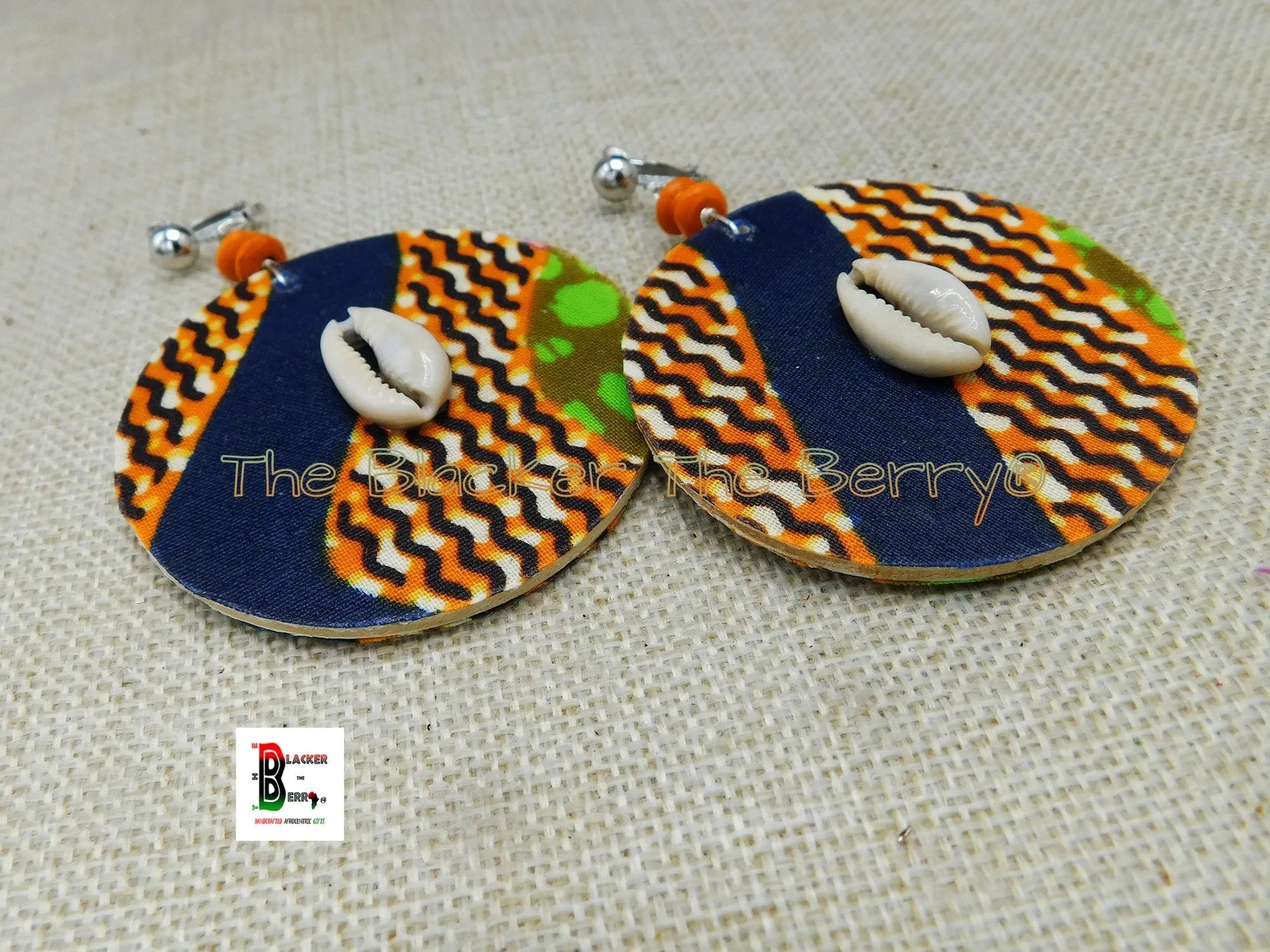 African Clip On Earrings Ankara Jewelry Orange Blue Beaded Cowrie Handmade Black Owned