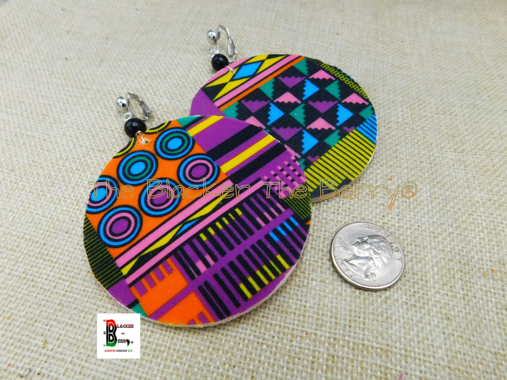 African Clip On Earrings Ankara Jewelry Purple Yellow Blue Beaded Handmade Black Owned