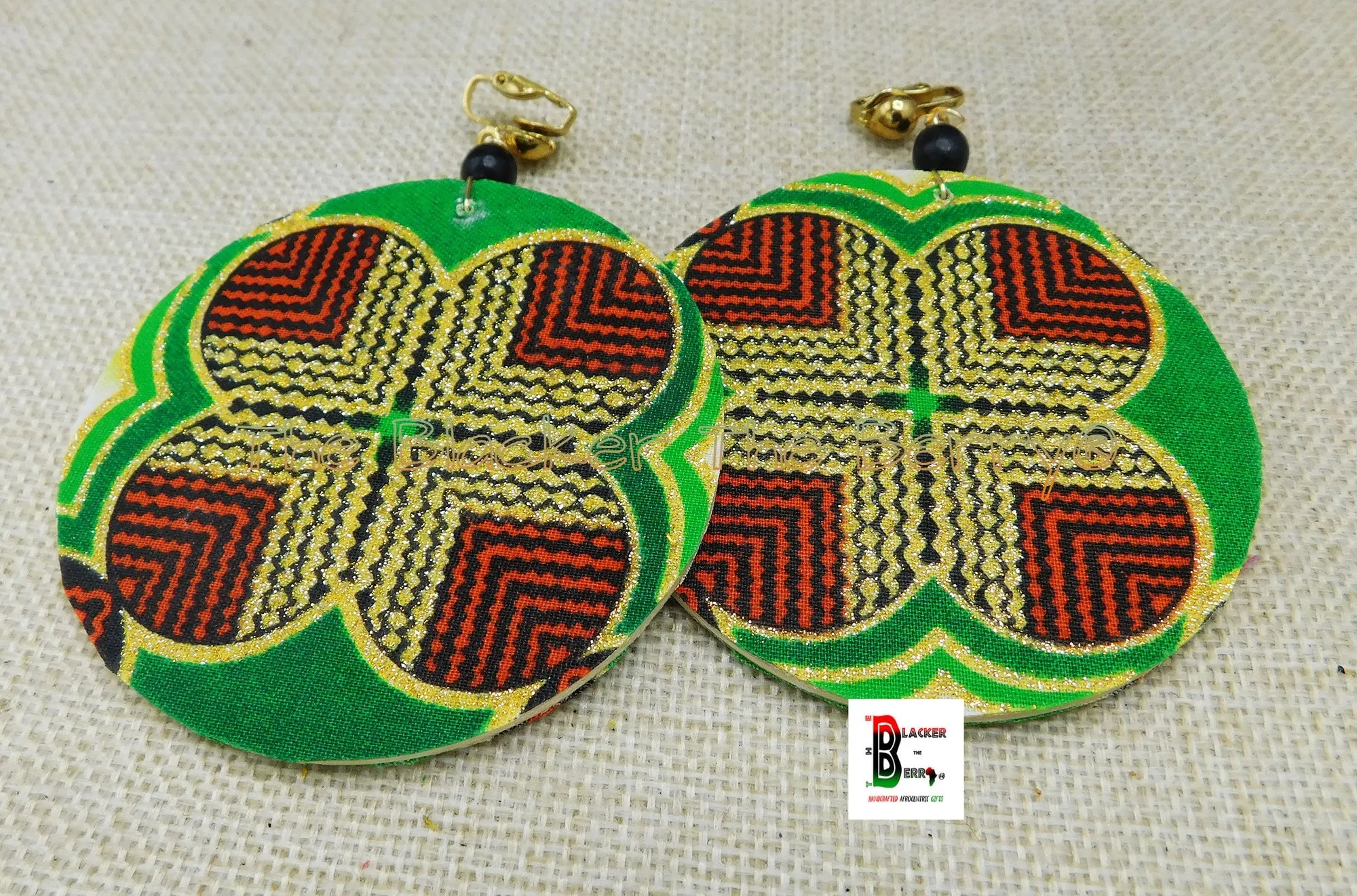 African Clip On Earrings Ankara Red Green Gold Handmade Jewelry Black Owned