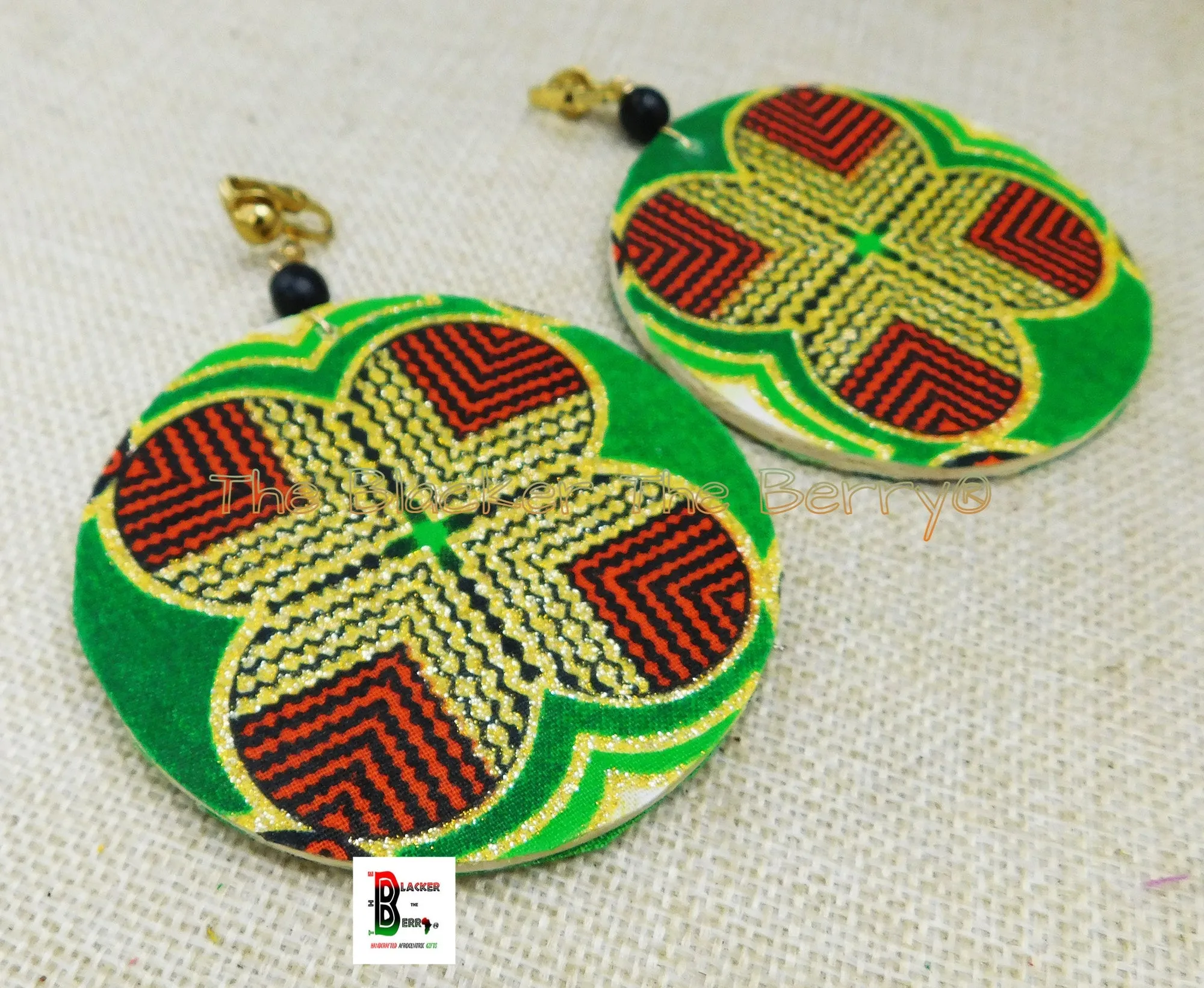 African Clip On Earrings Ankara Red Green Gold Handmade Jewelry Black Owned