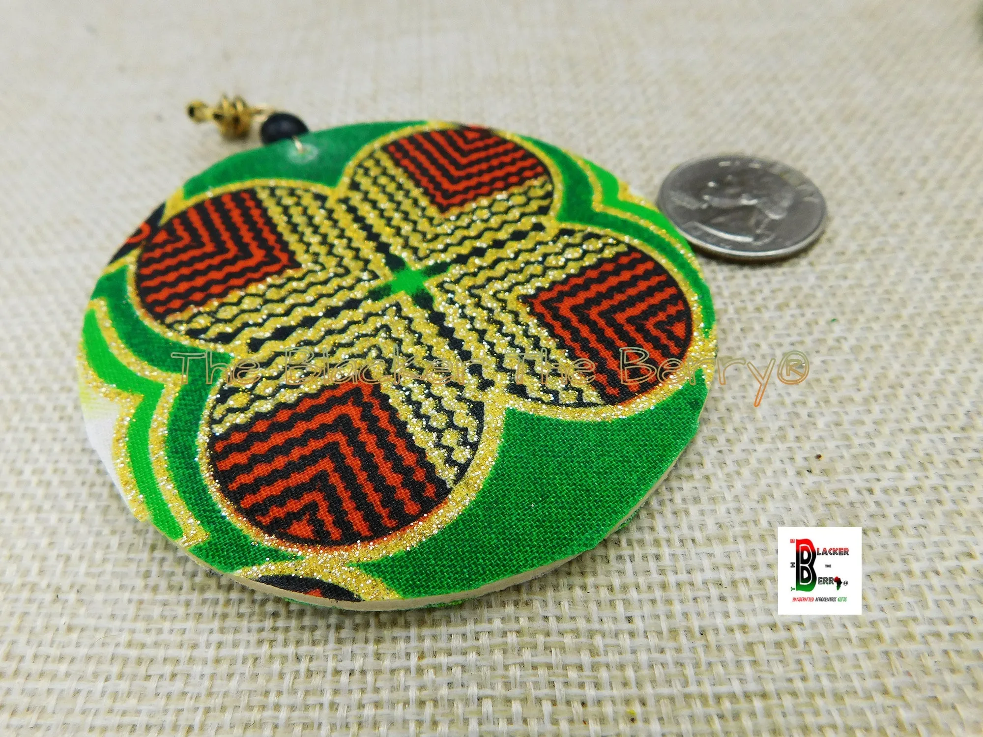 African Clip On Earrings Ankara Red Green Gold Handmade Jewelry Black Owned
