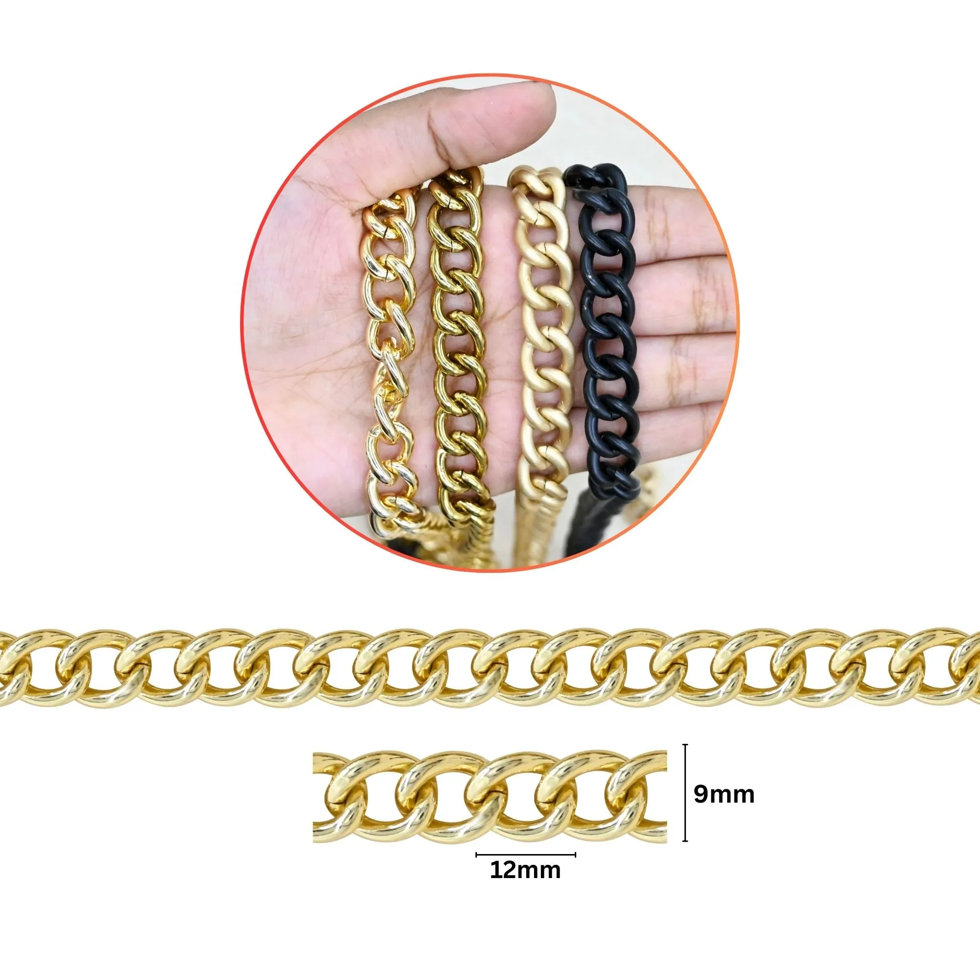 Aluminium Chain | Size : W-9mm H-12mm | Qty : 1mtr | JT-23-12-1