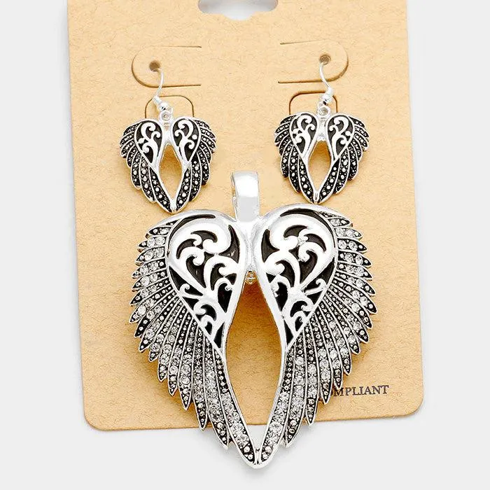 Angel Wings Magnetic Pendant Earrings Set