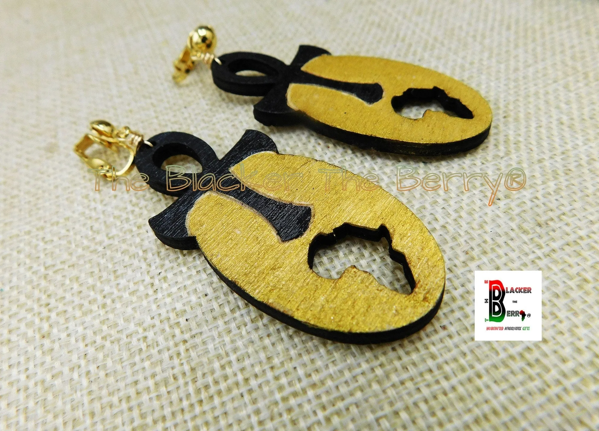 Ankh Clip On Earrings African Wooden Handmade Hand Painted Gold Black Afrocentric Non Pierced Jewelry