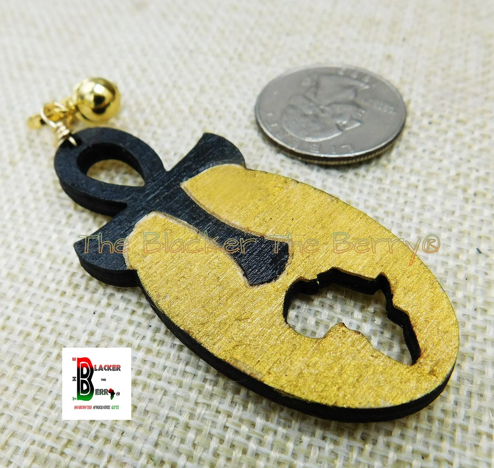 Ankh Clip On Earrings African Wooden Handmade Hand Painted Gold Black Afrocentric Non Pierced Jewelry
