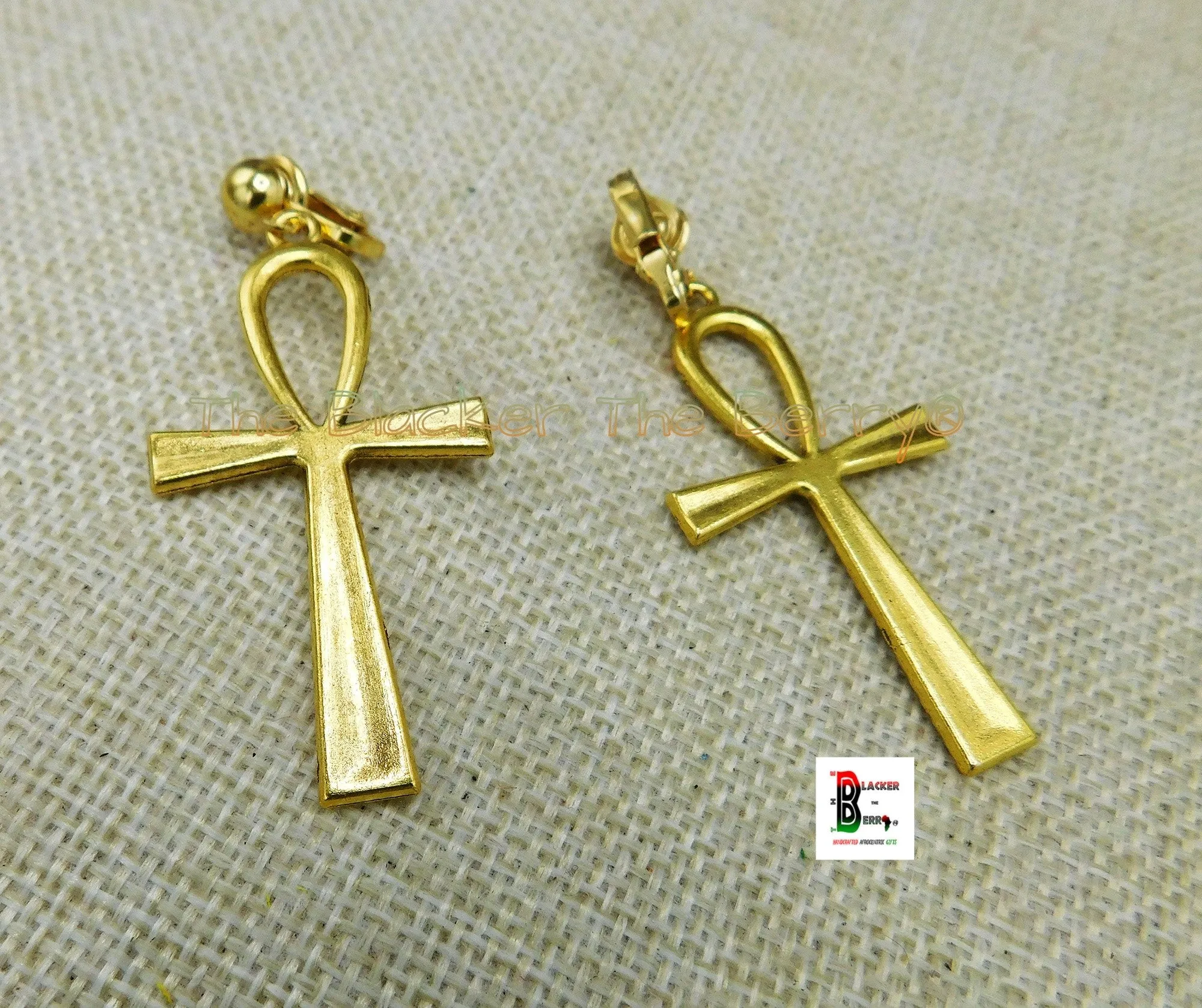 Antique Gold Tone Ankh Clip On Earrings Non Pierced Dangle Egyptian Jewelry