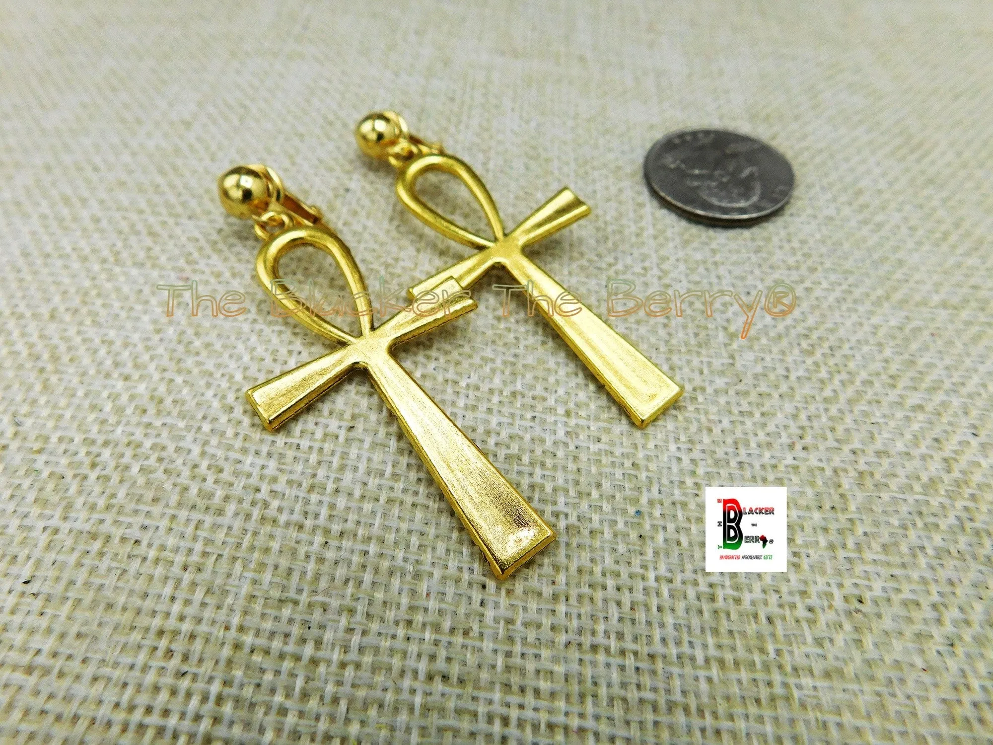 Antique Gold Tone Ankh Clip On Earrings Non Pierced Dangle Egyptian Jewelry