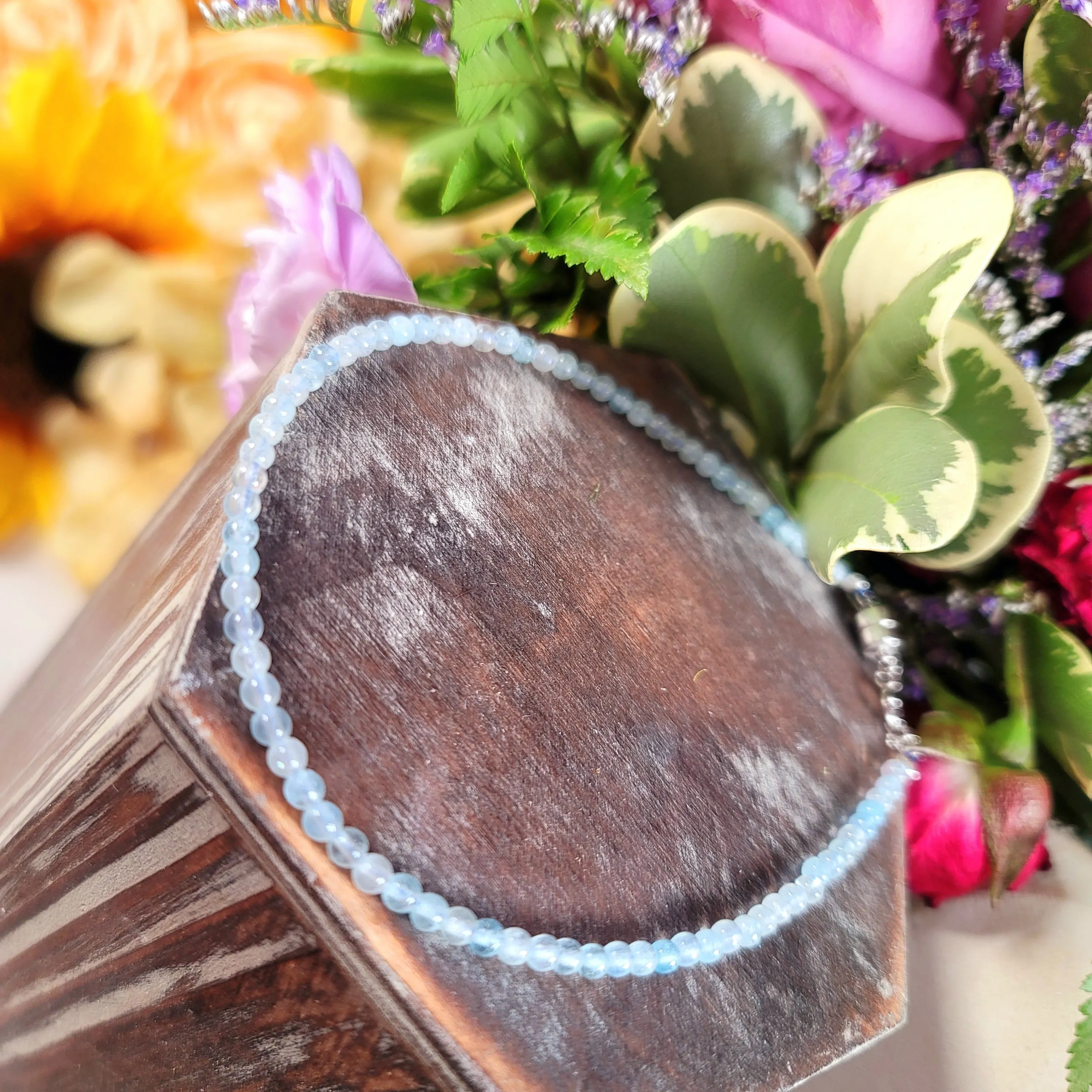 Aquamarine Micro Round Anklet .925 Silver for Fearlessness, Good Luck & Protection