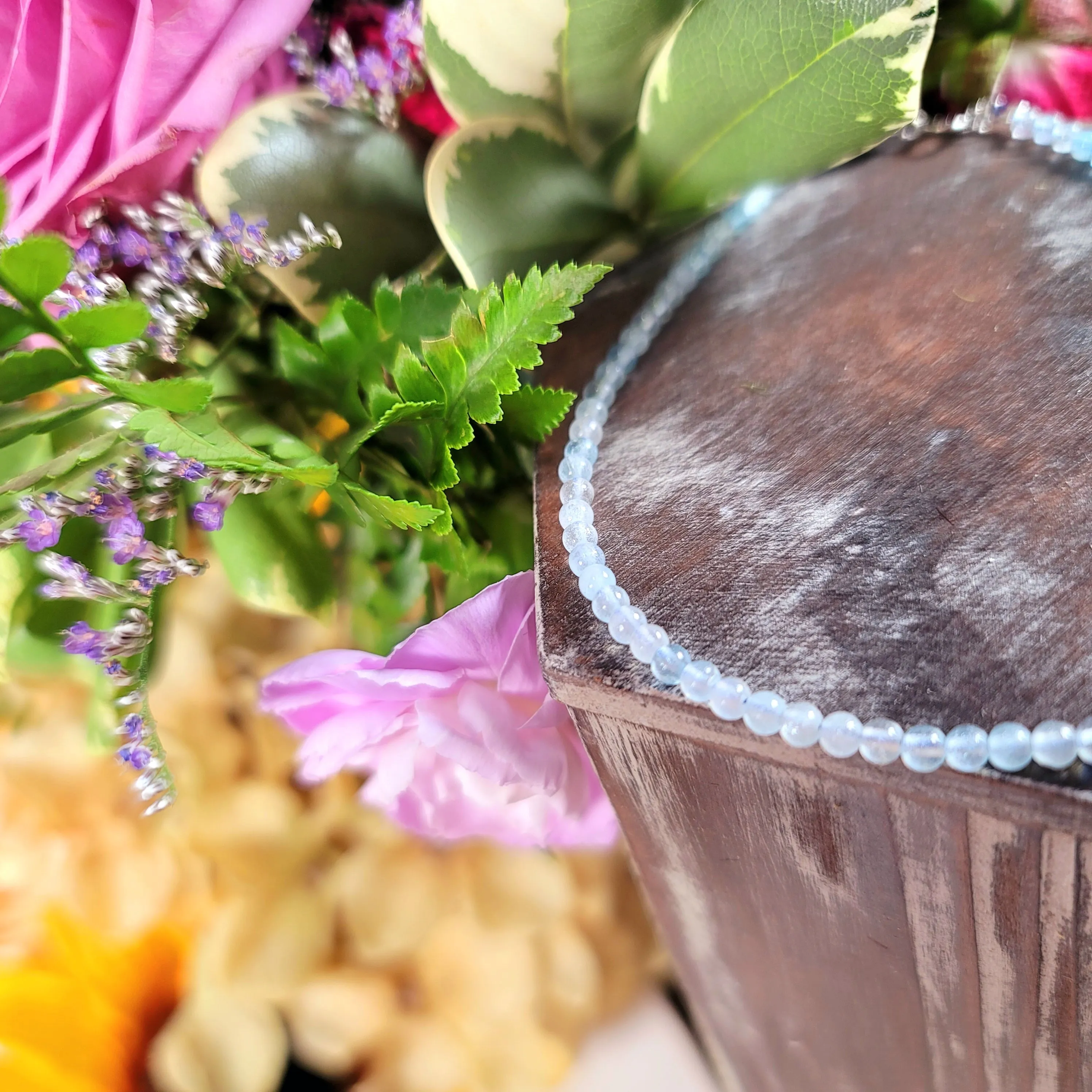 Aquamarine Micro Round Anklet .925 Silver for Fearlessness, Good Luck & Protection