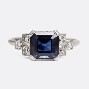 Art Deco 2.50ct Sapphire & Diamond Stepped Shoulders Solitaire Ring