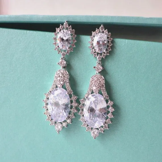 Art Deco Cubic Zirconia Crystal Bridal Drop Earrings, CZ Teardrop Chandelier Earrings, Old Hollywood Wedding Jewelry, Bridesmaid Earrings