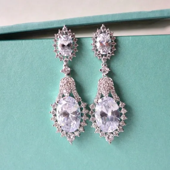 Art Deco Cubic Zirconia Crystal Bridal Drop Earrings, CZ Teardrop Chandelier Earrings, Old Hollywood Wedding Jewelry, Bridesmaid Earrings