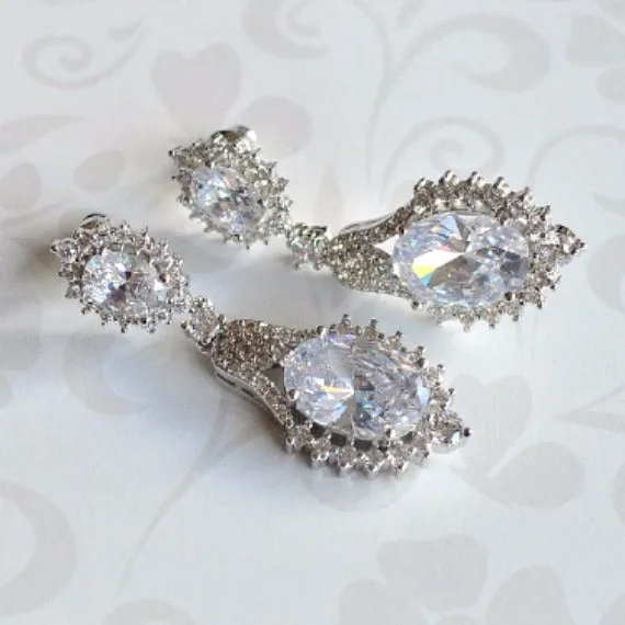 Art Deco Cubic Zirconia Crystal Bridal Drop Earrings, CZ Teardrop Chandelier Earrings, Old Hollywood Wedding Jewelry, Bridesmaid Earrings
