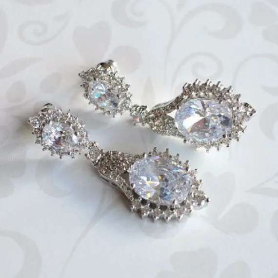 Art Deco Cubic Zirconia Crystal Bridal Drop Earrings, CZ Teardrop Chandelier Earrings, Old Hollywood Wedding Jewelry, Bridesmaid Earrings
