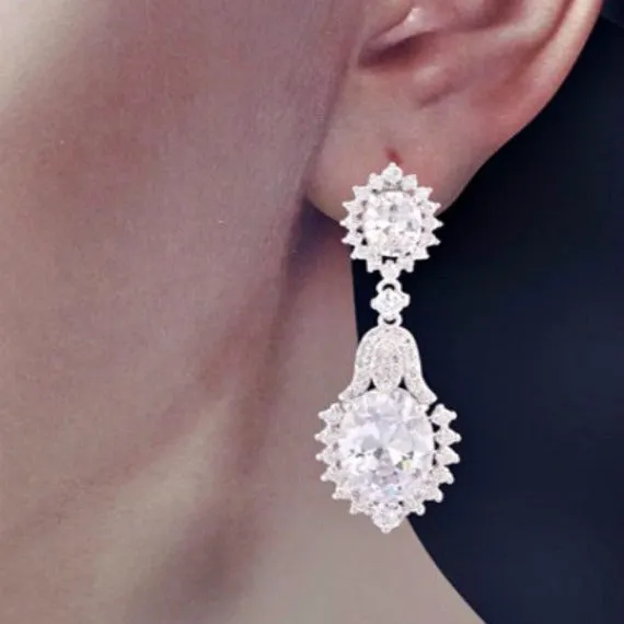 Art Deco Cubic Zirconia Crystal Bridal Drop Earrings, CZ Teardrop Chandelier Earrings, Old Hollywood Wedding Jewelry, Bridesmaid Earrings