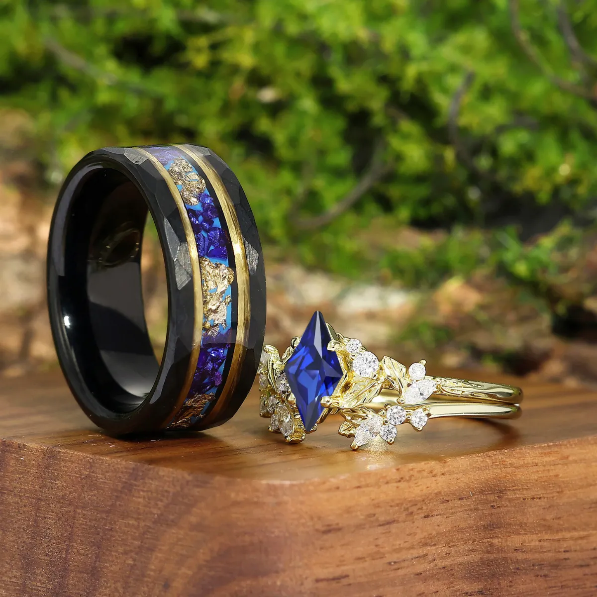 Artsy Sapphire Leaf Blade Engagement Promise Rings For Couples Matching Wedding Rings For Women And Mens