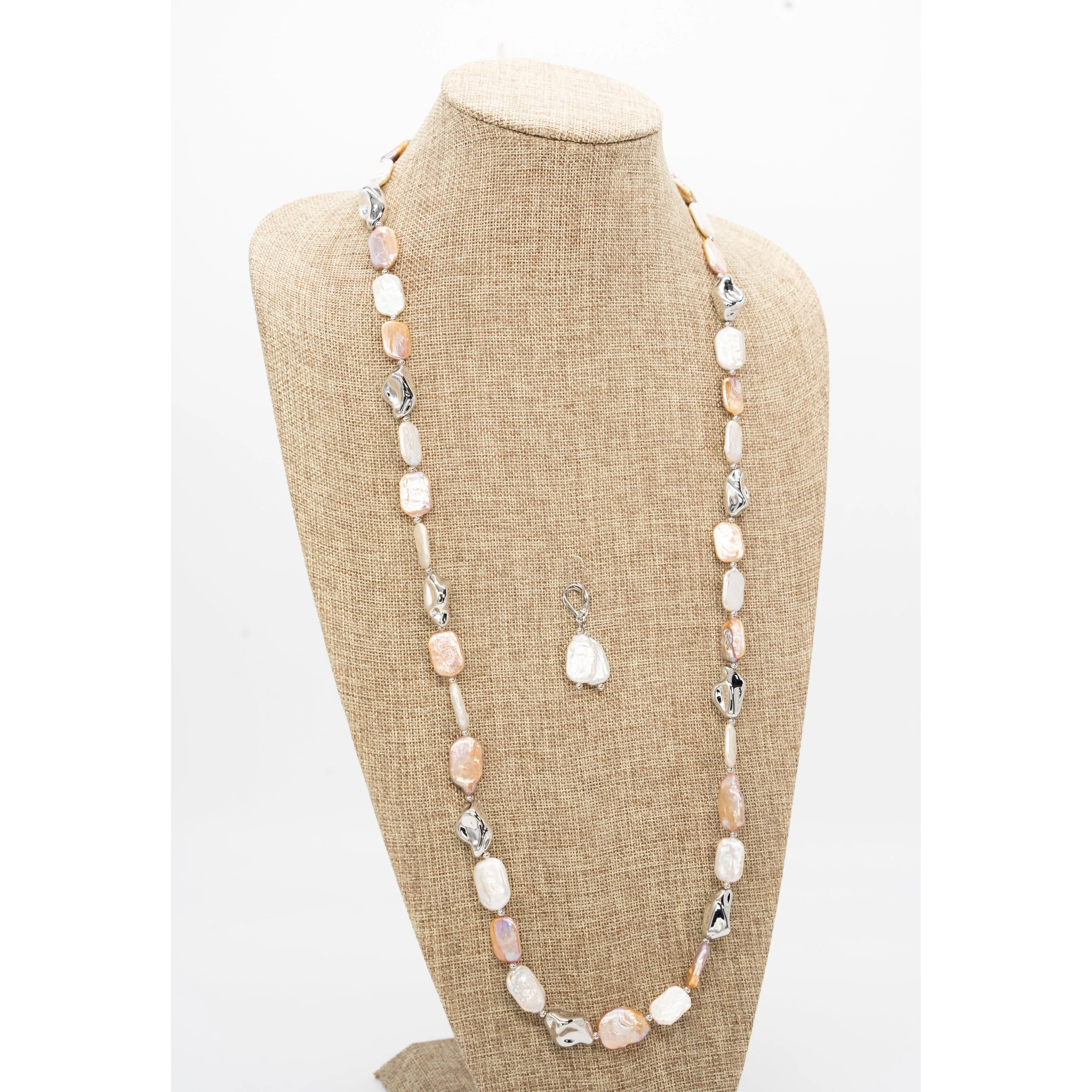 Baroque Rectangular Pearl and Metal Beads Necklace Set in 36 Inches