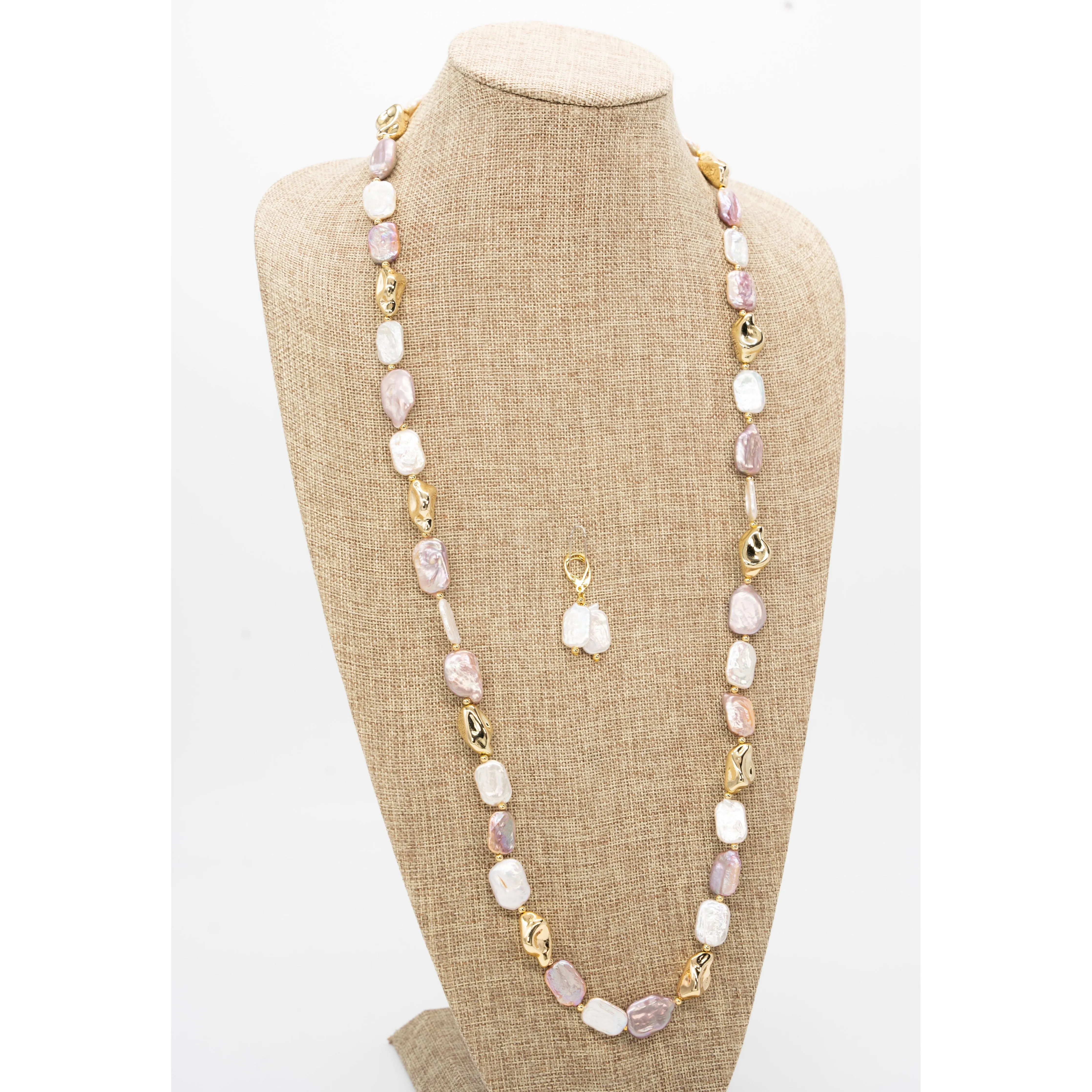 Baroque Rectangular Pearl and Metal Beads Necklace Set in 36 Inches