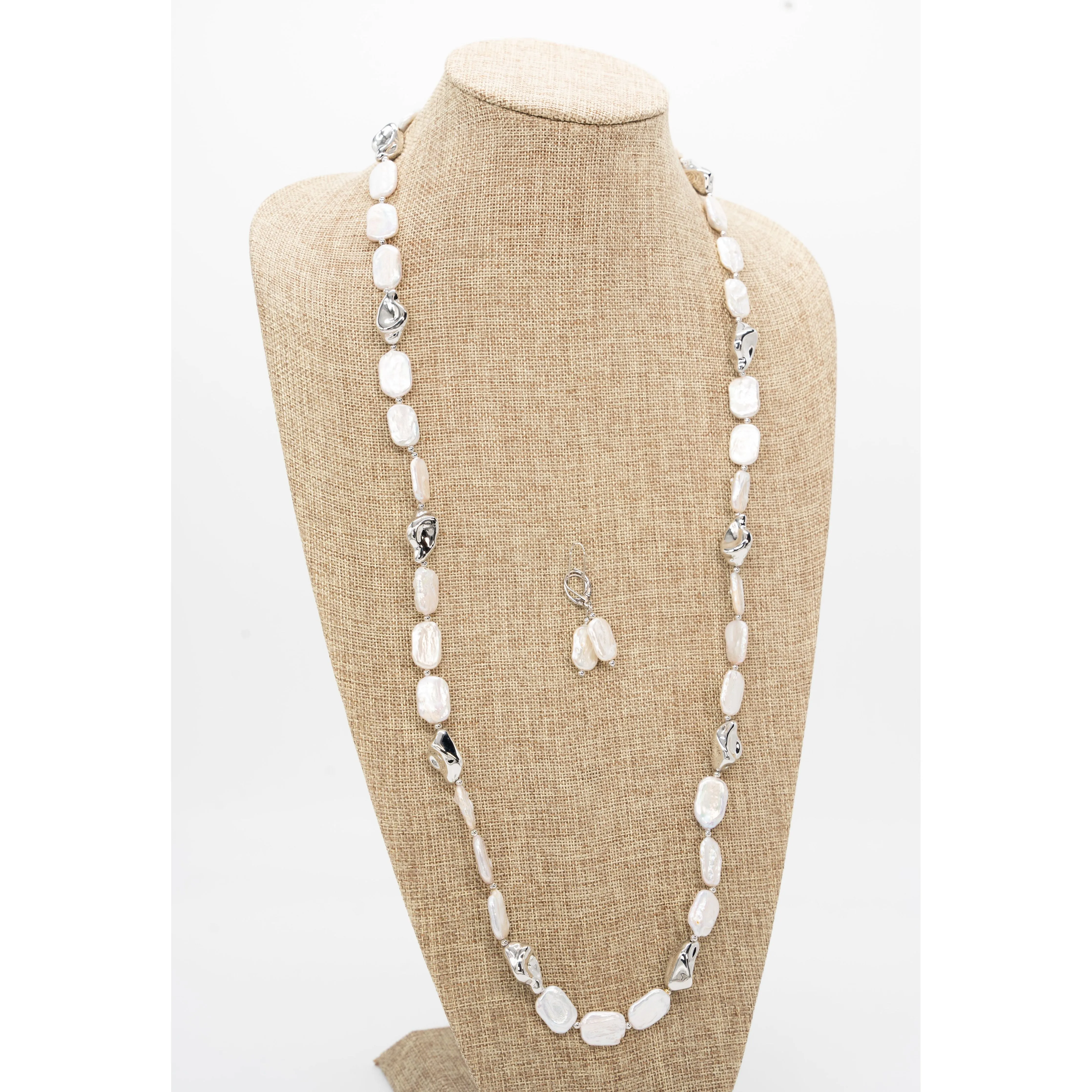 Baroque Rectangular Pearl and Metal Beads Necklace Set in 36 Inches
