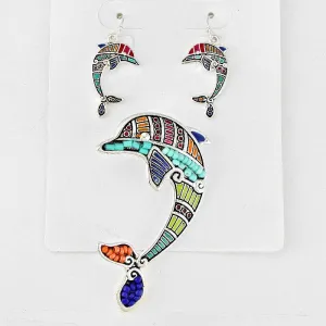 Bead Accented Dolphin Seed Bead Pendant Set
