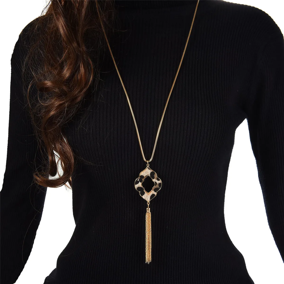 Beige Polyurethane & 18K Gold-Plated Leopard Lattice Tassel Pendant Necklace