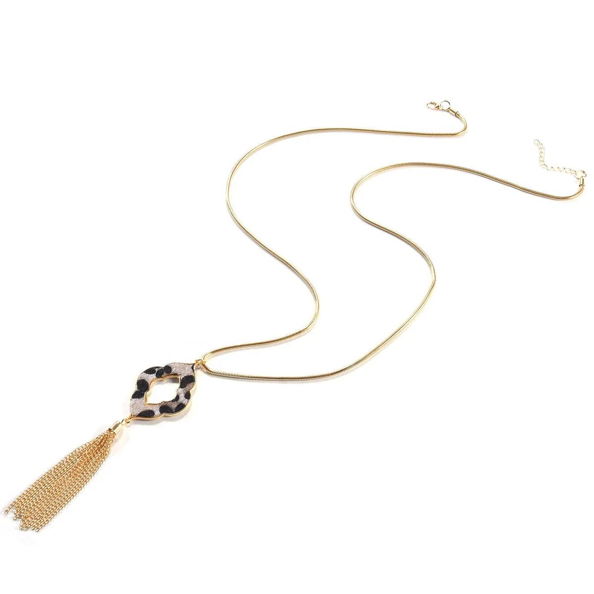Beige Polyurethane & 18K Gold-Plated Leopard Lattice Tassel Pendant Necklace