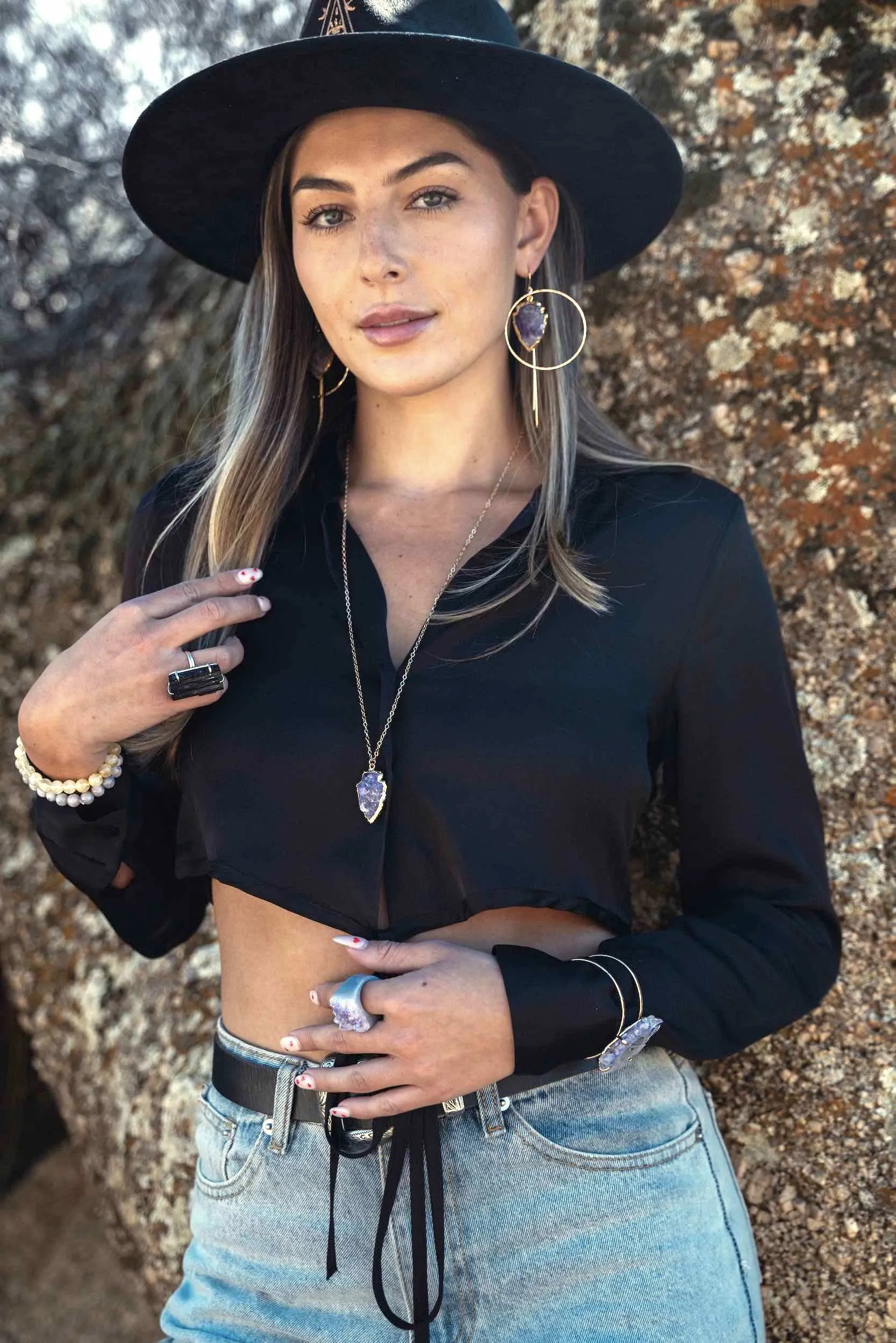 Believe Bigger Amethyst Arrowhead Hoops