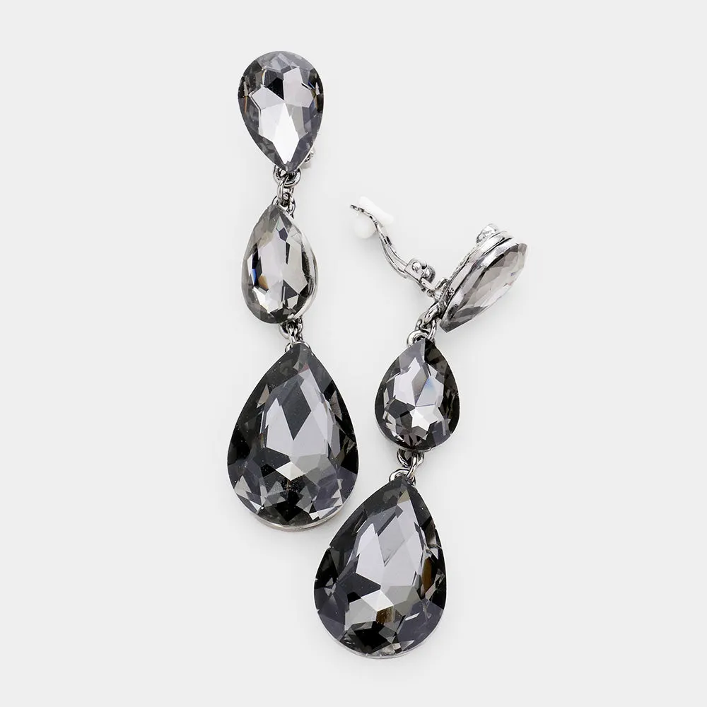 Black Diamond Crystal Triple Teardrop Clip-on Pageant Earrings  | 439145