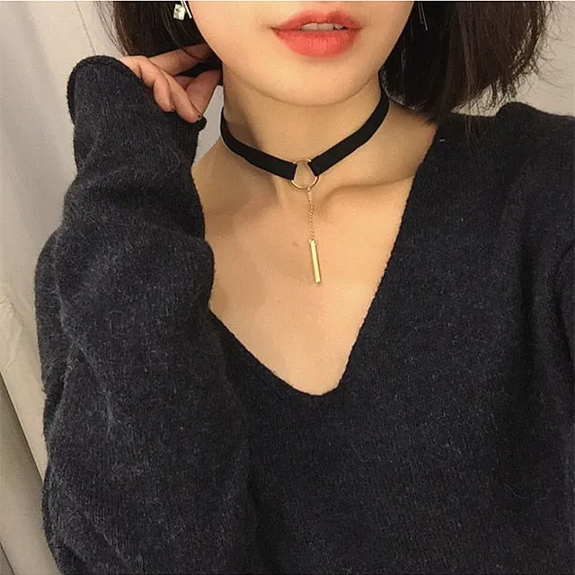 Black Leather Gold Choker Necklace