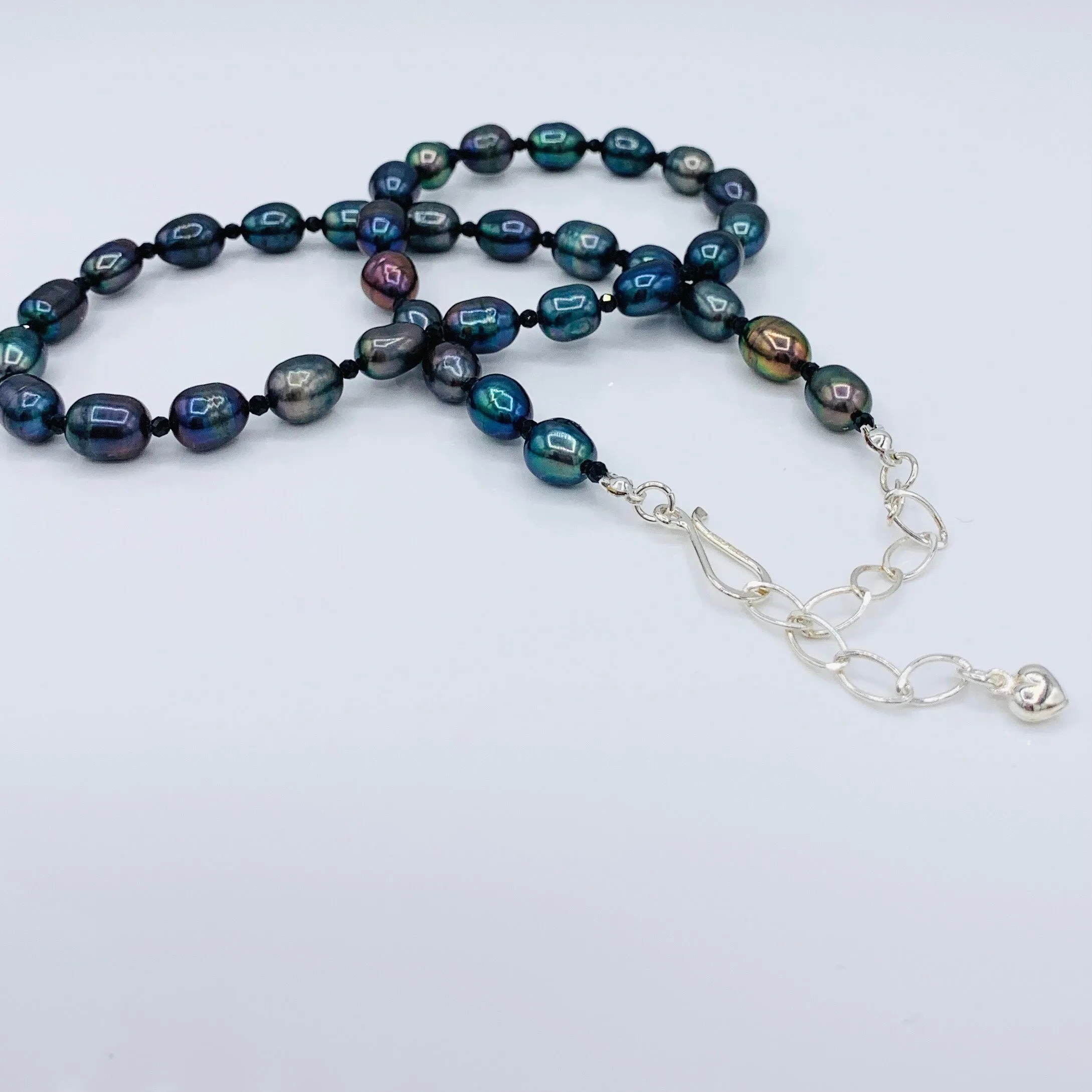 Black Peacock Pearl and Black Spinel Necklace, Bracelet and Earrings Set Sterling Silver