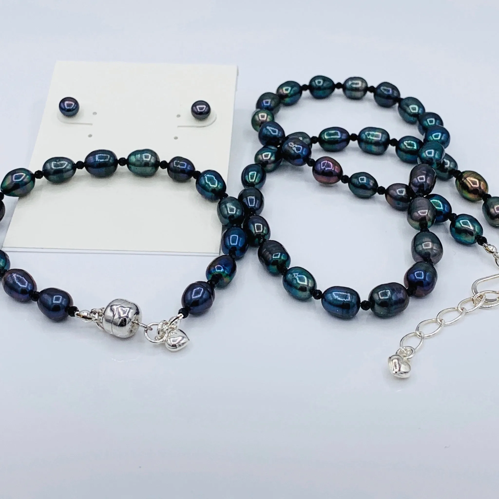 Black Peacock Pearl and Black Spinel Necklace, Bracelet and Earrings Set Sterling Silver
