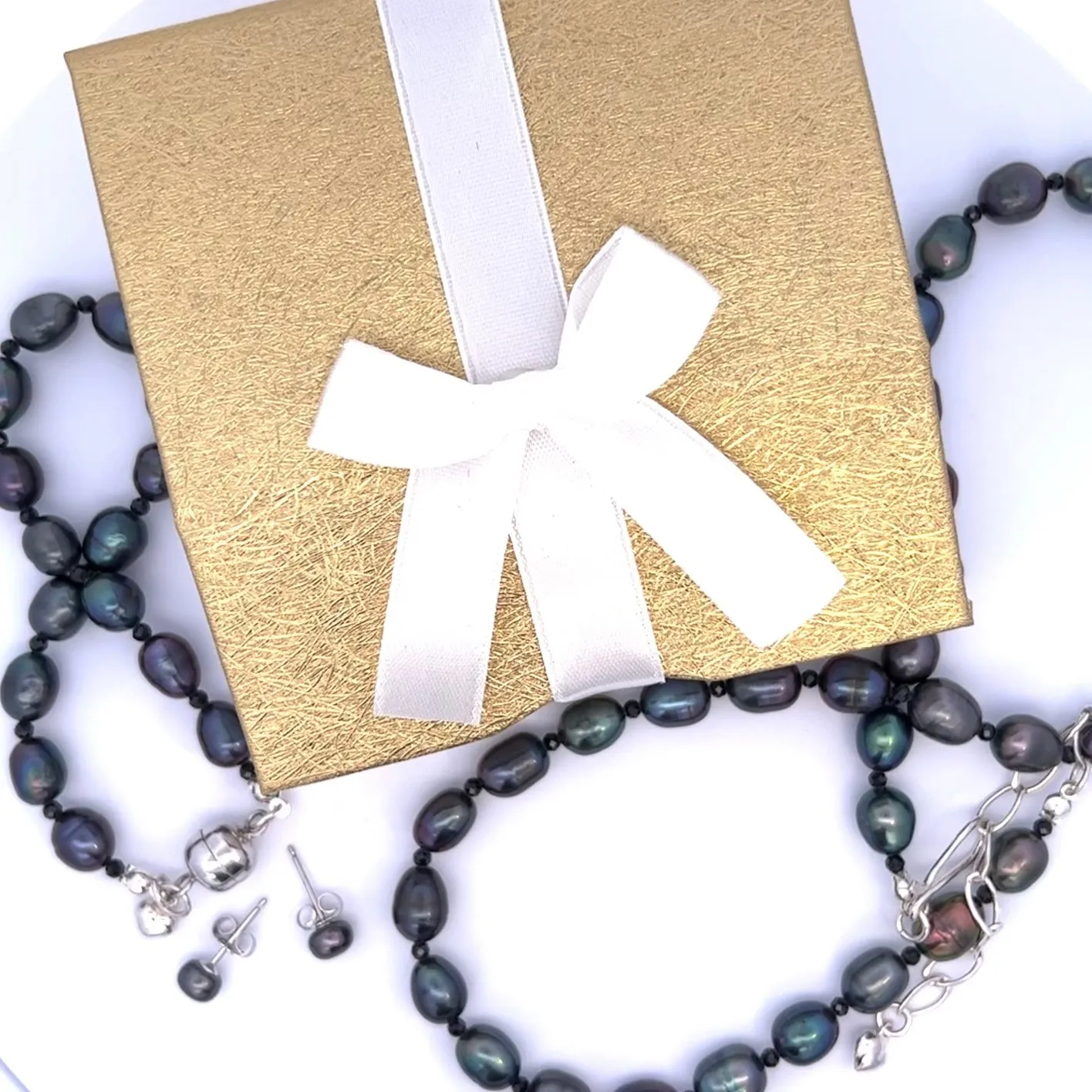 Black Peacock Pearl and Black Spinel Necklace, Bracelet and Earrings Set Sterling Silver