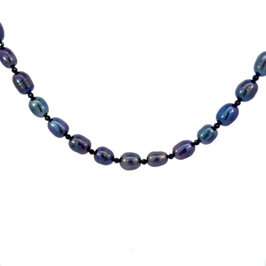 Black Peacock Pearl and Black Spinel Necklace, Bracelet and Earrings Set Sterling Silver