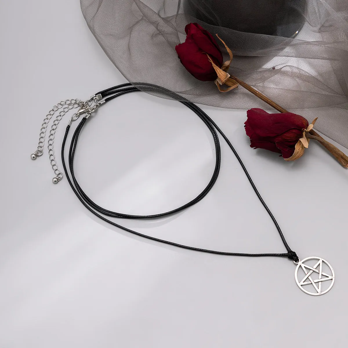 Black Polyster & Silver-Plated Star Pendant Necklace Set