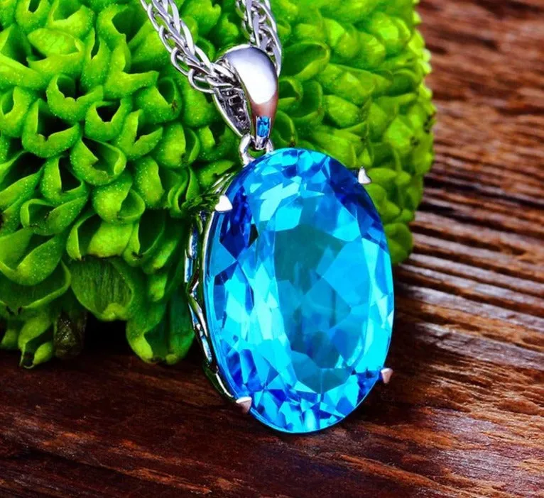 Blue Aquamarine Pendant Necklace 925 Silver Link Chain For Women