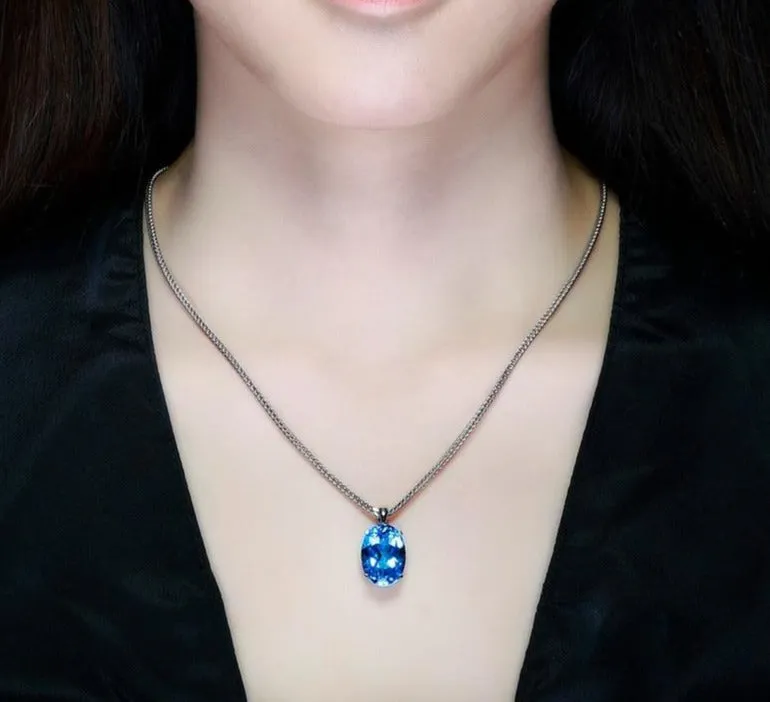 Blue Aquamarine Pendant Necklace 925 Silver Link Chain For Women