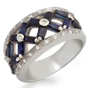 Blue Blaguette Sapphire & Diamond Ring, 18k White Gold