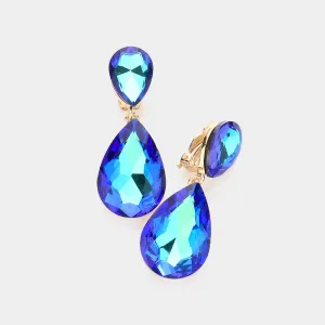 Blue Crystal Double Teardrop Clip on Dangle Earrings  | Pageant Earrings | 583429