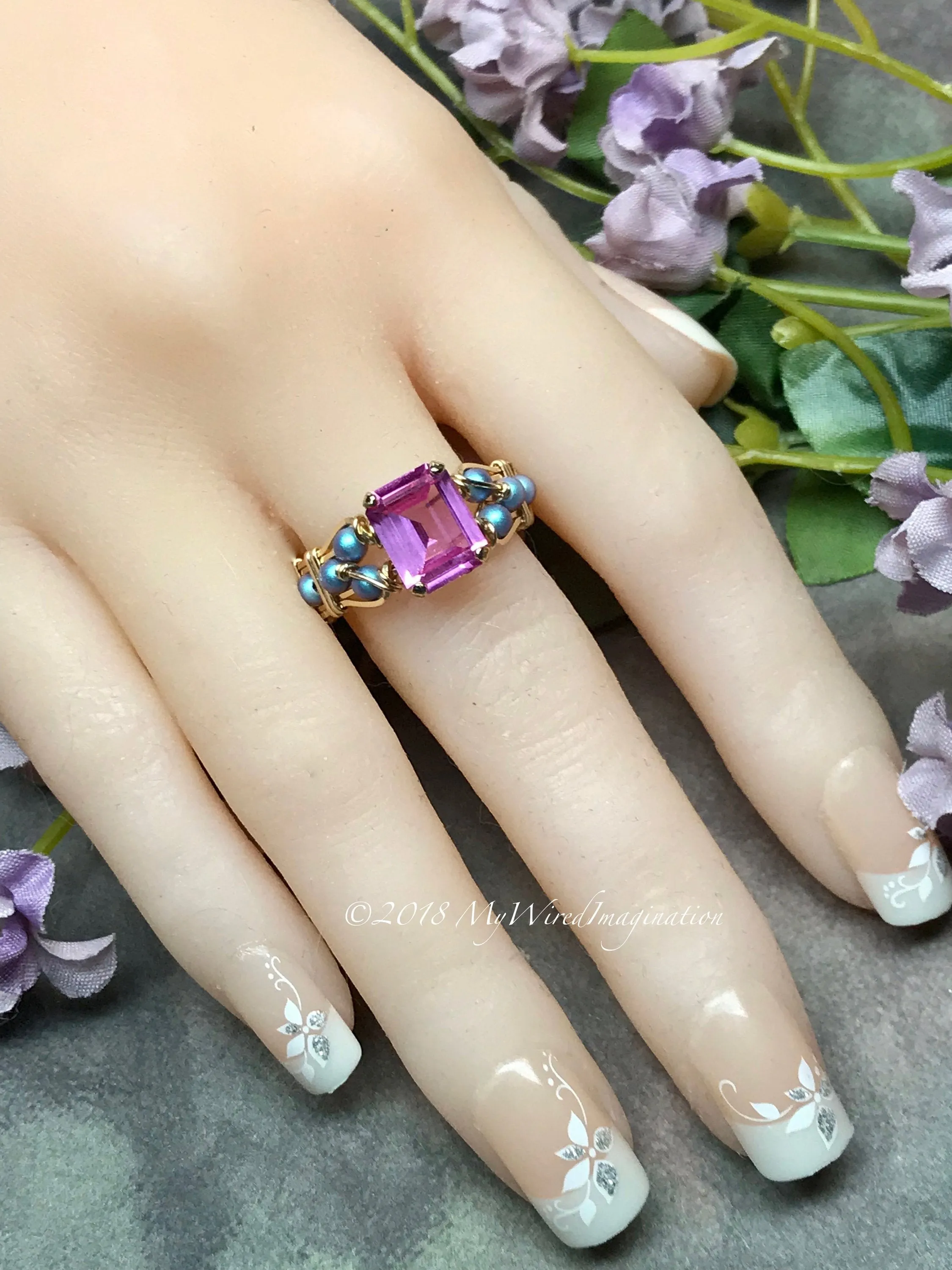 Blue Crystal Pearl & Hot Pink Sapphire Handmade Ring 14K GF, US Size 8.5