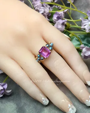 Blue Crystal Pearl & Hot Pink Sapphire Handmade Ring 14K GF, US Size 8.5