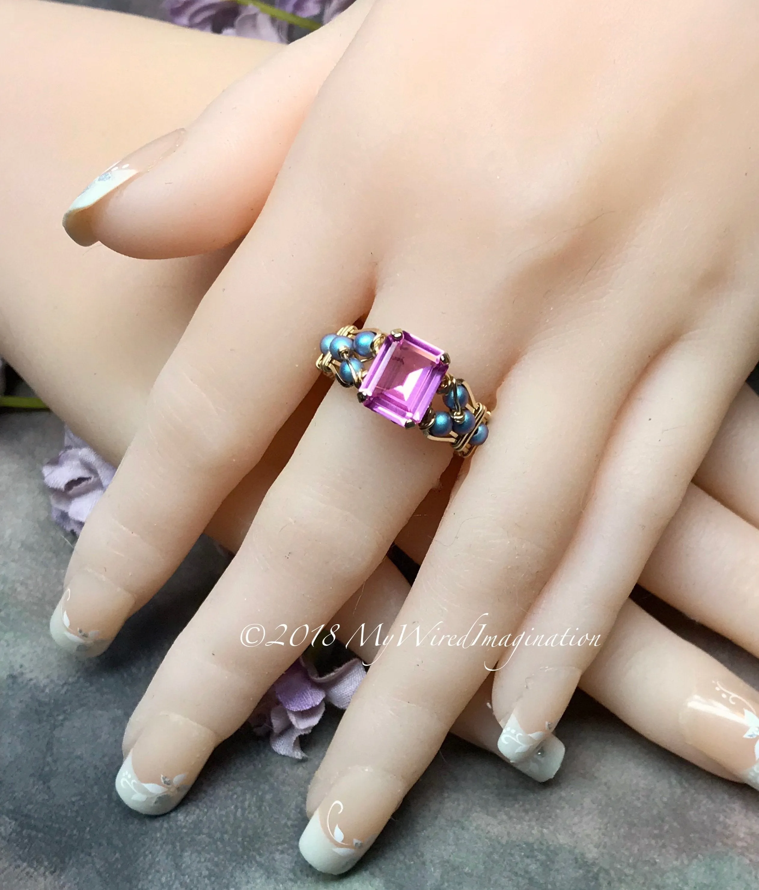 Blue Crystal Pearl & Hot Pink Sapphire Handmade Ring 14K GF, US Size 8.5