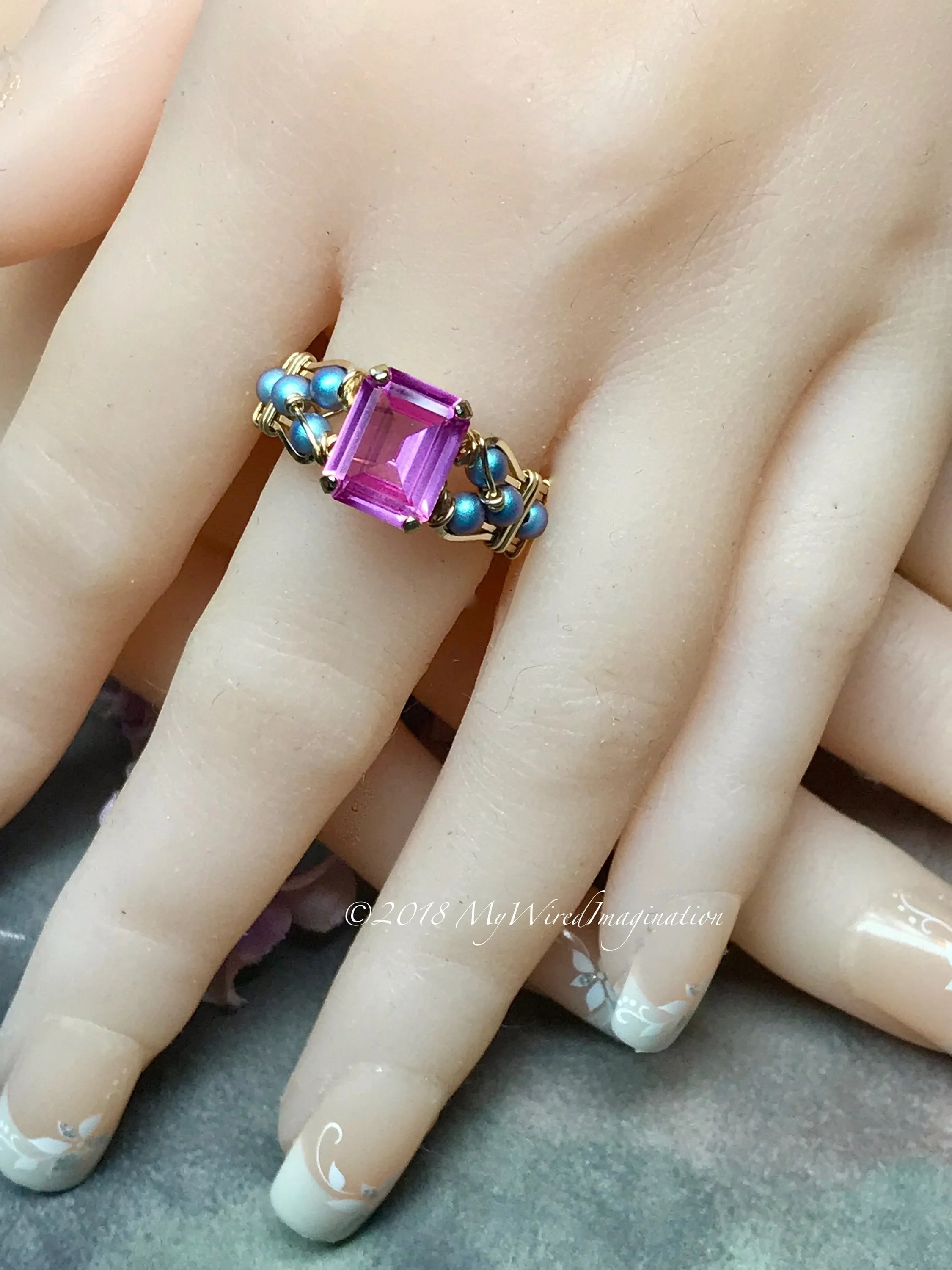 Blue Crystal Pearl & Hot Pink Sapphire Handmade Ring 14K GF, US Size 8.5