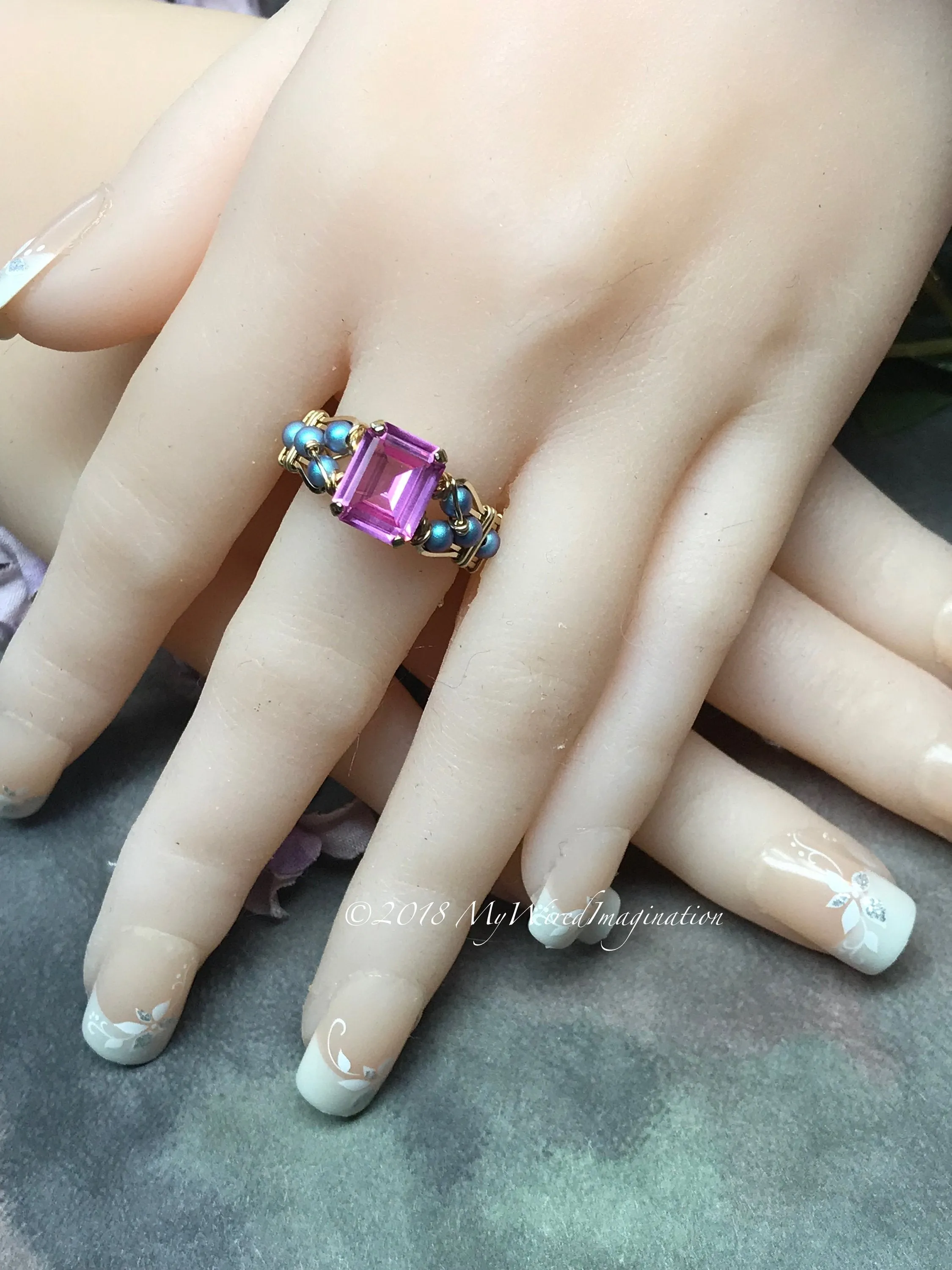 Blue Crystal Pearl & Hot Pink Sapphire Handmade Ring 14K GF, US Size 8.5