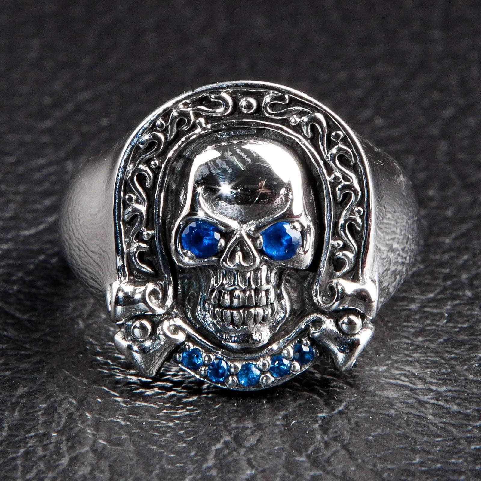 Blue Eyes Designer Rider Sterling Silver Skull Ring